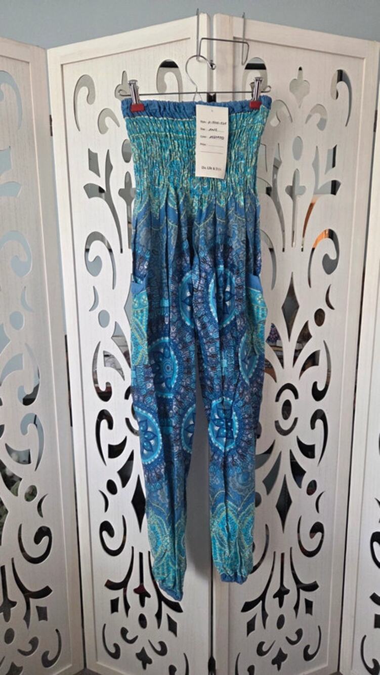 Jessica Taylor Harem Pants Blue Boho Mandala Rayon Smocked Waist Pockets nwt